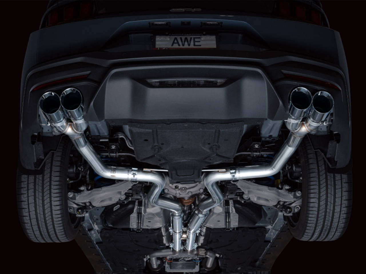 AWE 2024 Ford Mustang GT Fastback S650 RWD Track Edition Catback Exhaust w/ Quad Chrome Silver Tips - 3020-42650 Photo - Mounted