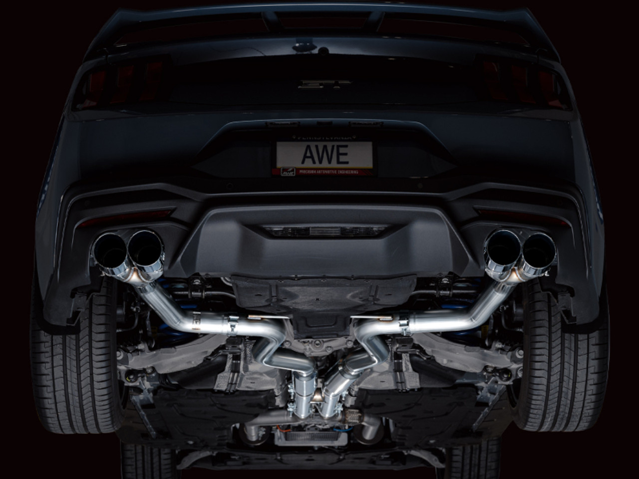 AWE 2024 Ford Mustang GT Fastback S650 RWD Track Edition Catback Exhaust w/ Quad Chrome Silver Tips - 3020-42650 Photo - Mounted