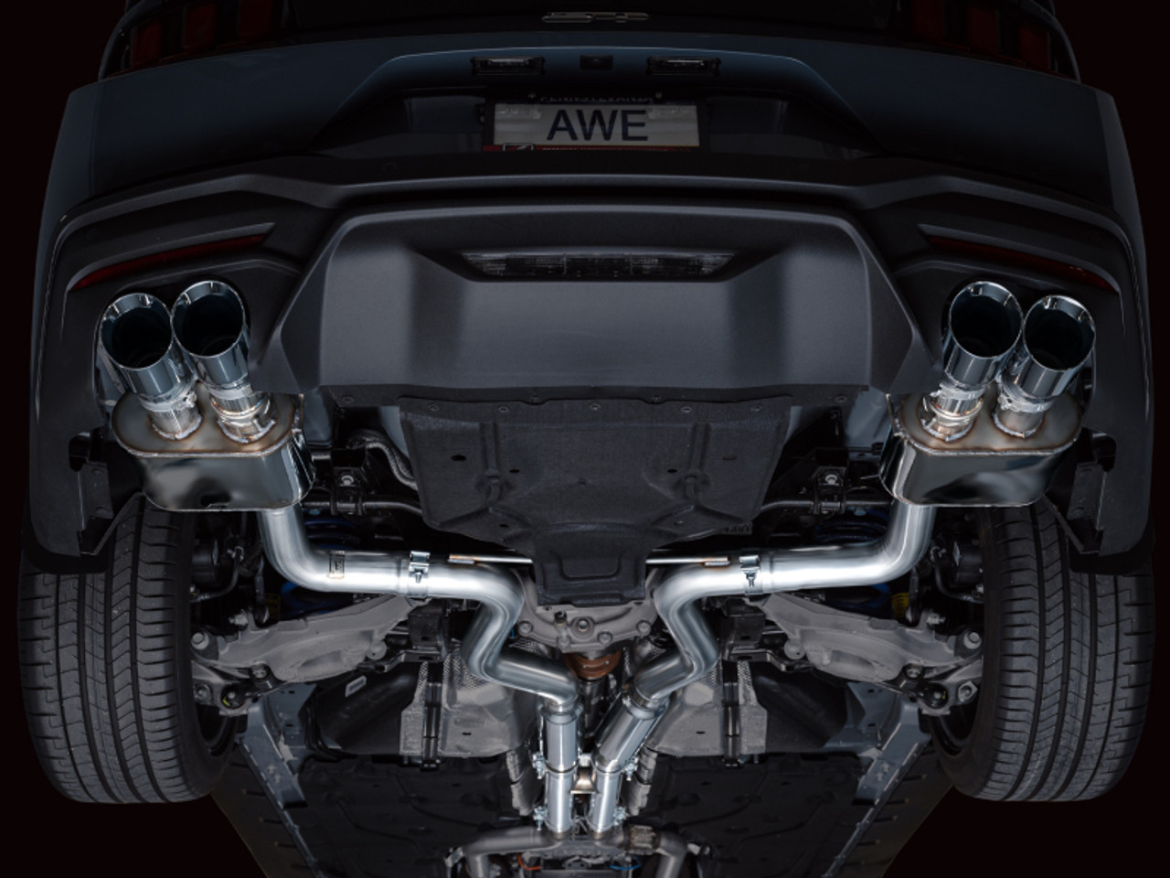 AWE 2024 Ford Mustang GT Fastback S650 RWD SwitchPath Catback Exhaust w/ Quad Chrome Silver Tips - 3025-42650 Photo - Mounted
