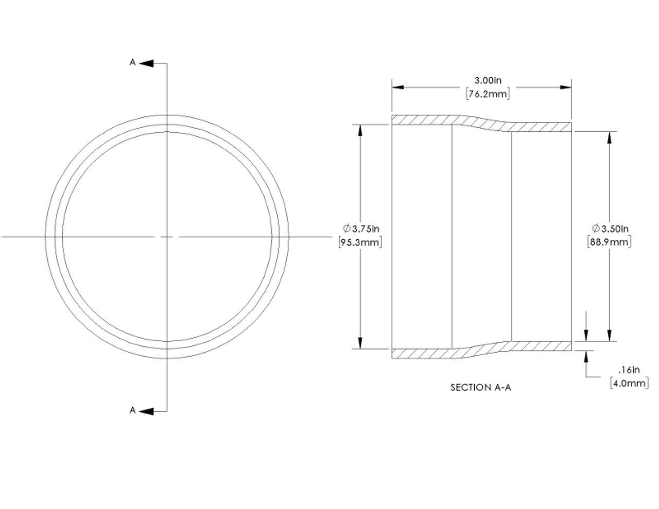 aFe POWER Universal Products Coupler Kit (3-3/4 x 3-1/2)in ID x 3in L - Black - 59-00207 Technical Drawing