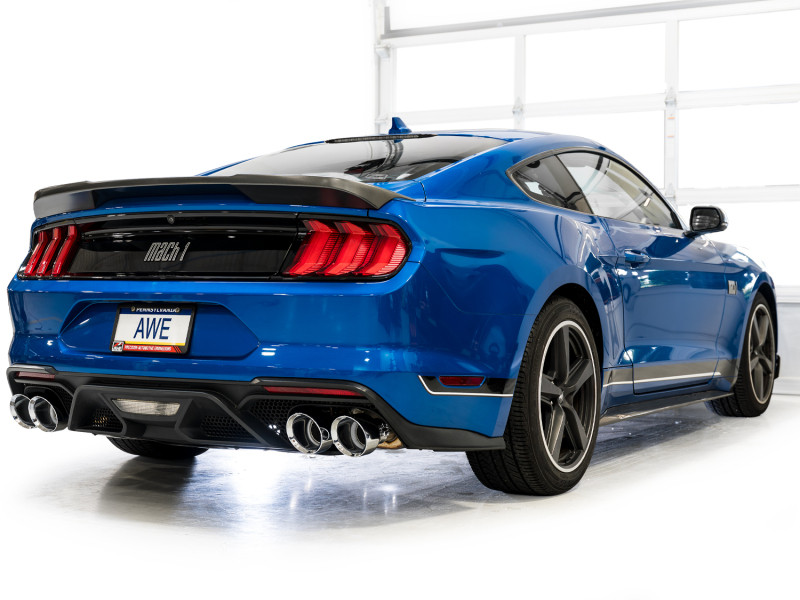 AWE Tuning 21-23 Ford Mustang Mach 1 SwitchPath Cat-Back Exhaust w/ Quad Chrome Silver Tips - 3025-42551 Photo - Mounted