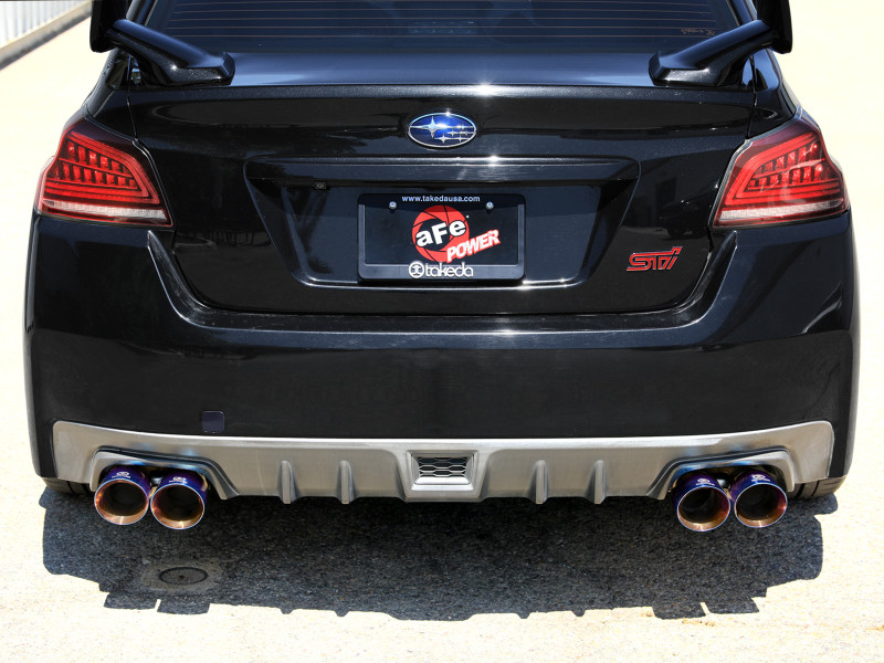 aFe Subaru WRX/STi 15-21 H4-2.0/2.5L Takeda 3in to 2-1/2in Stnlss Cat-Back Exhaust w/ Blue Flame Tip - 49-36810-L Photo - Mounted