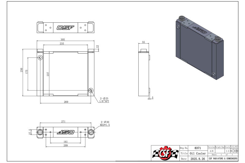 CSF Universal Large Single-Pass Oil Cooler - M22 x 1.5 - 12in L x 9.33in H x 2.16in W - 8371 Technical Drawing