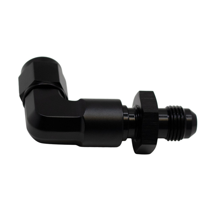 DeatschWerks 6AN Female Flare Swivel to 6AN Male Flare 90-Degree Bulkhead - Anodized Matte Black - 6-02-0727-B Photo - Primary
