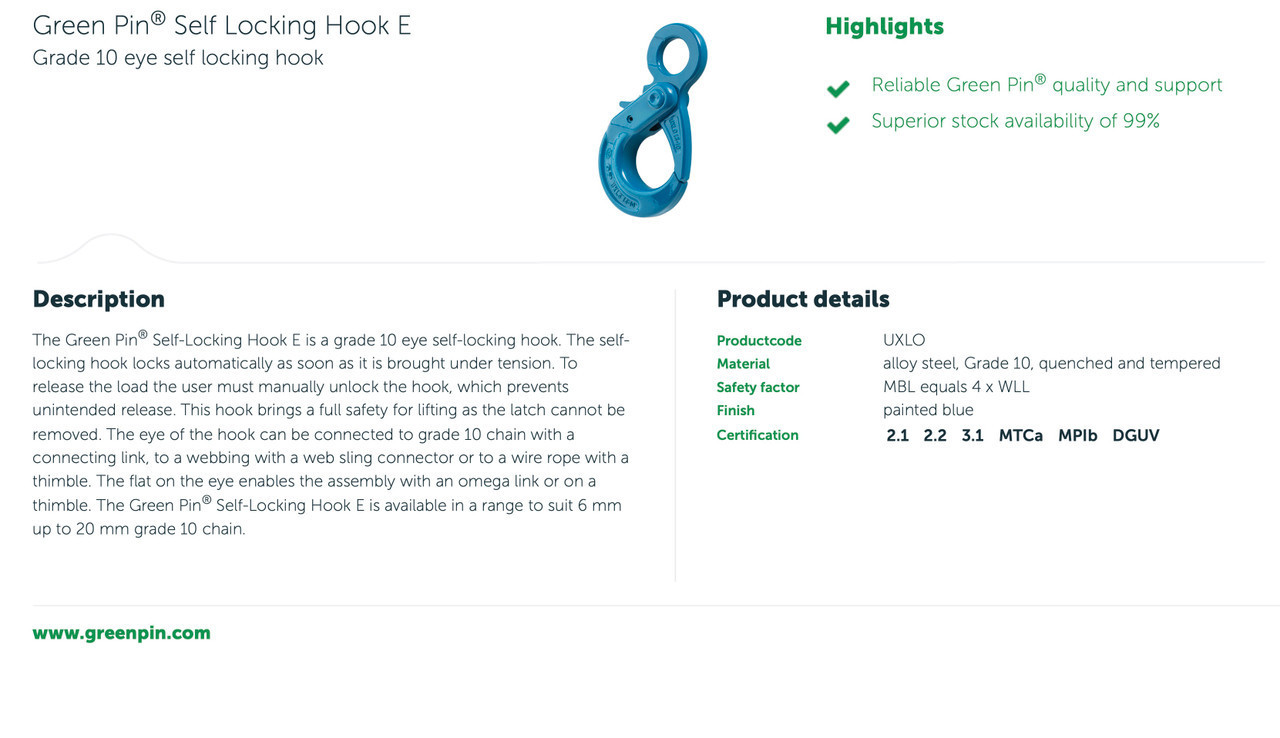 Green Pin Self-Locking Hook
