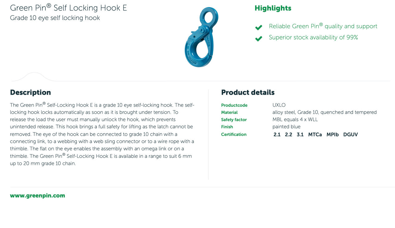 Green Pin Self-Locking Hook
