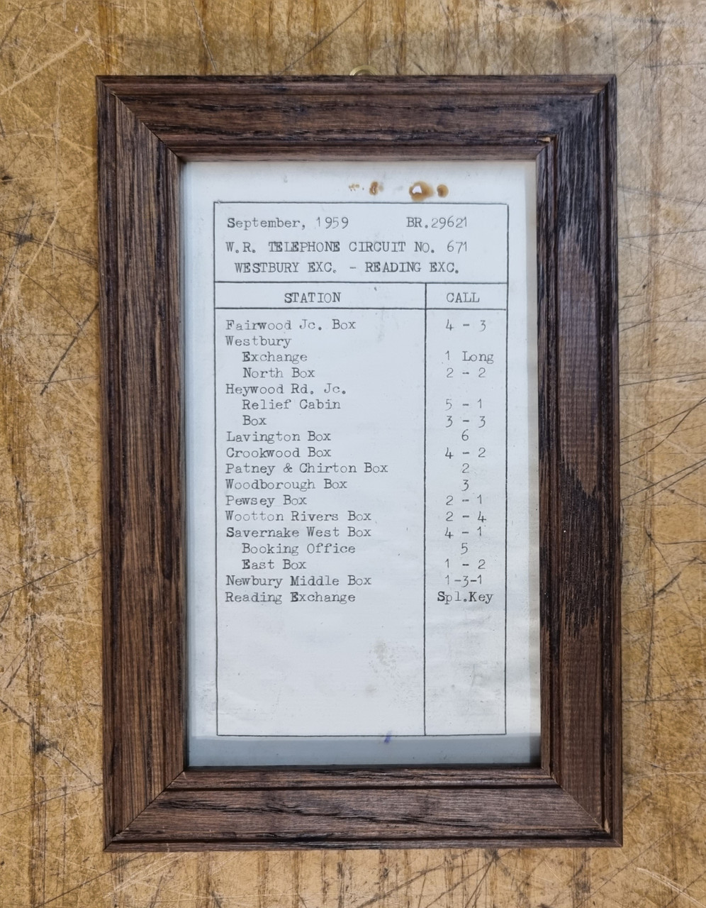 RA 6542A  BR-WR TELEPHONE CIRCUIT CARD WESTBURY-READING EXCHANGE 1959