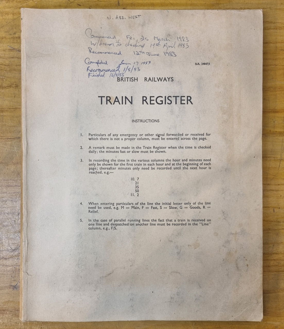 RA 7086   BLOCK TRAIN REGISTER FROM NEWTON ABBOT WEST BOX