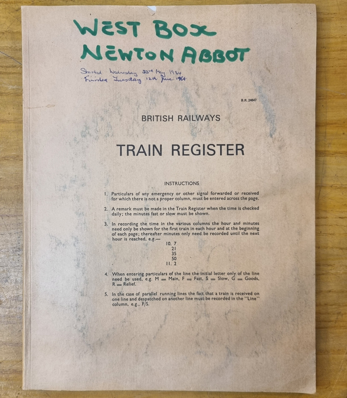 RA 7087   BLOCK TRAIN REGISTER FROM NEWTON ABBOT WEST BOX
