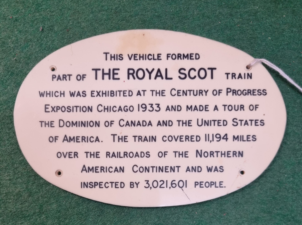 RA 7183  "ROYAL SCOT" TRAIN TOUR OF U.S.A. 1933 COACH PLATE