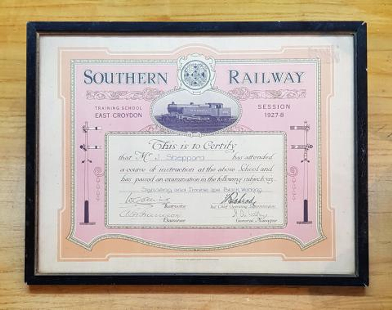 VT1275. SOUTHERN RAILWAY 1927-8 SIGNALLING EXAMINATION FRAMED AWARD.