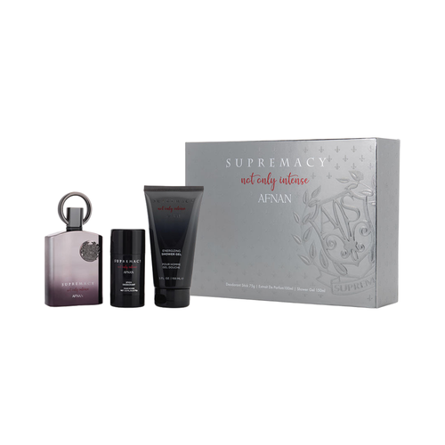 SET AFNAN 3PC SUPREMACY NOT ONLY INTENSE 3.4 EXTRAIT DE PARFUM+5.0 SG+2.6 DEO STICK (M) HARD BOX