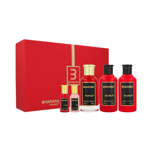 SET BHARARA 5PC SCARLET 3.4 EDP+0.34 EDP SPRAY+6.7 BL+6.7 SG+ROSE 0.34 EDP SPRAY (W) HARD BOX