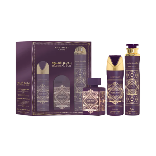 SET LATTAFA 3PC BADE'E AL OUD AMETHYST 3.4 EDP+6.67 DEO+10.0 AIR FRESHENER (U) SOFT DISPLAY BOX
