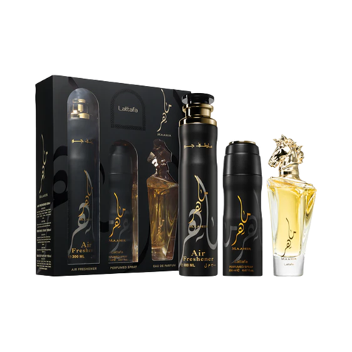 SET LATTAFA 3PC MAAHIR 3.4 EDP+6.67 DEO+10.0 AIR FRESHENER (U) SOFT WINDOW BOX