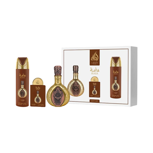 SET LATTAFA 3PC PRIDE MASA 3.4 EDP+6.67 PERFUMED SPRAY+0.67 EDP (U) SOFT WINDOW BOX