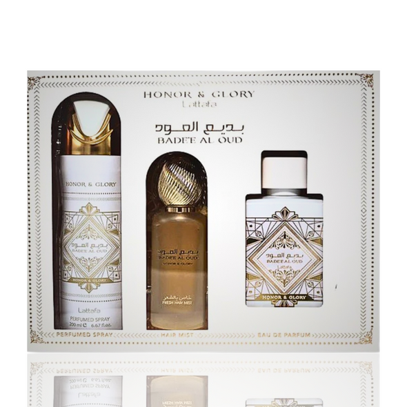 SET LATTAFA 3PC BADE'E AL OUD HONOR AND GLORY 3.4 EDP+6.67 DEO+1.7 HAIR MIST (U) SOFT DISPLAY BOX