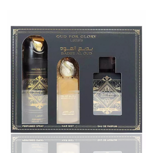 SET LATTAFA 3PC BADE'E AL OUD GLORY 3.4 EDP+6.67 DEO+1.7 HAIR MIST (U) SOFT DISPLAY BOX