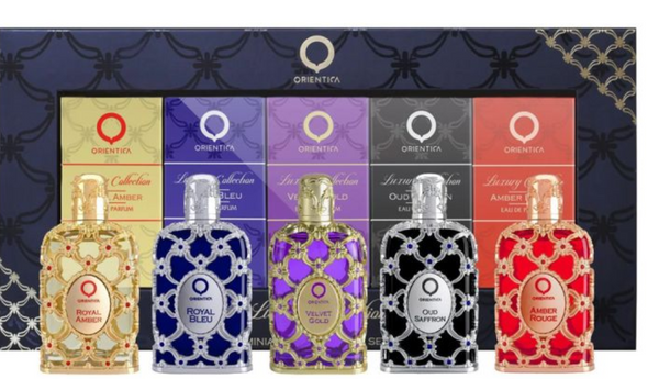 SET ORIENTICA 5PC LUXURY COLLECTION 0.25 EDP ROYAL AMBER+ROYAL BLEU+VELVET GOLD+OUD SAFFRON+AMBER ROUGE (U) SOFT WINDOW BOX