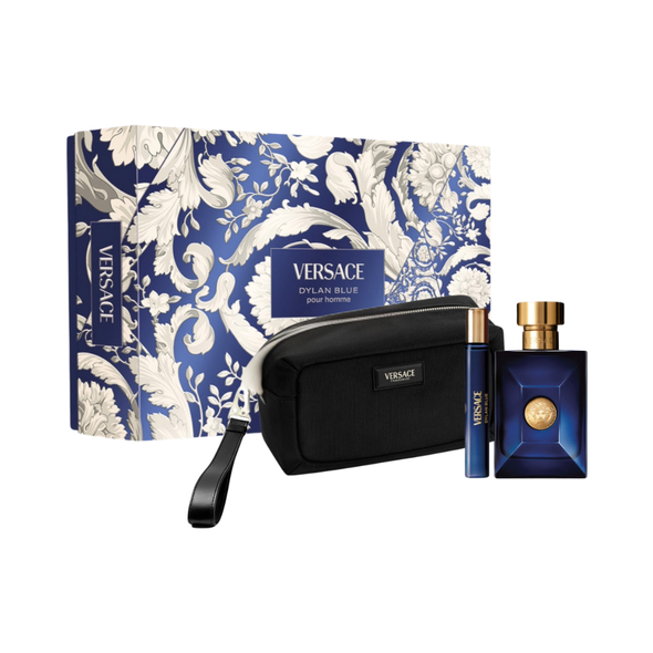 SET VERSACE 3PC DYLAN BLUE POUR HOMME 3.4 EDT+0.33 EDT SPRAY+BLACK TROUSSE (M) HARD BOX