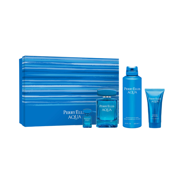 SET PE PERRY ELLIS 4PC AQUA 3.4 EDT+6.0 DEO SPRAY+1.7 SG+0.25 EDT SPRAY (M) HARD BOX