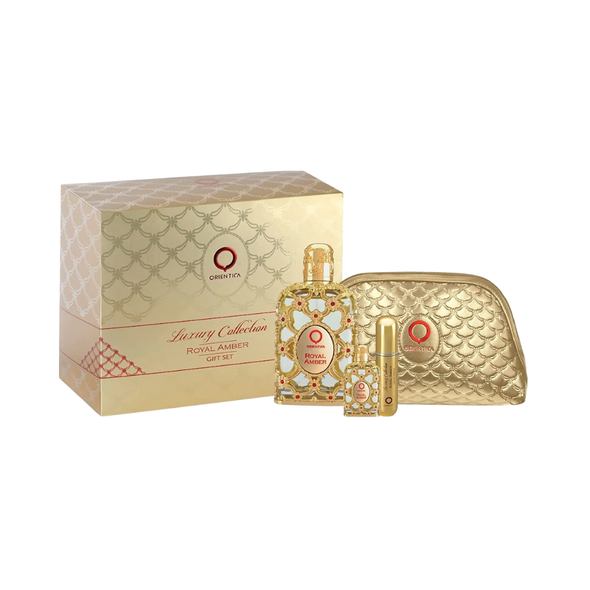 SET ORIENTICA 4PC LUXURY COLLECTION ROYAL AMBER 2.7 EDP+0.25 EDP+ATOMIZER+GOLD BAG (U) HARD BOX