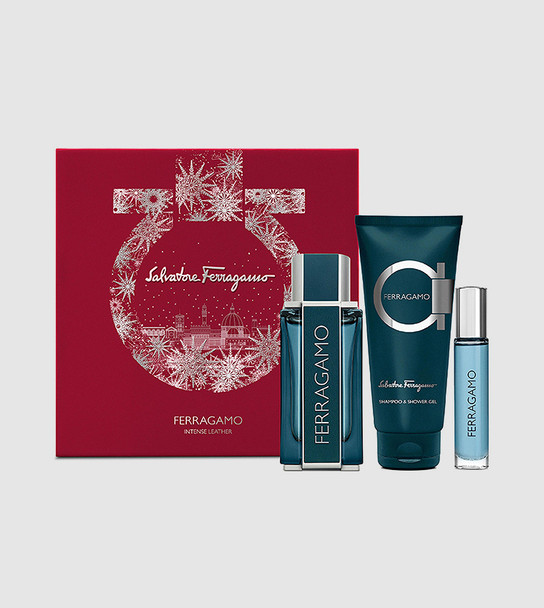 SET SF SALVATORE FERRAGAMO 3PC FERRAGAMO INTENSE LEATHER 3.4 EDP+3.4 SG+0.34 EDP SPRAY (M) HARD BOX
