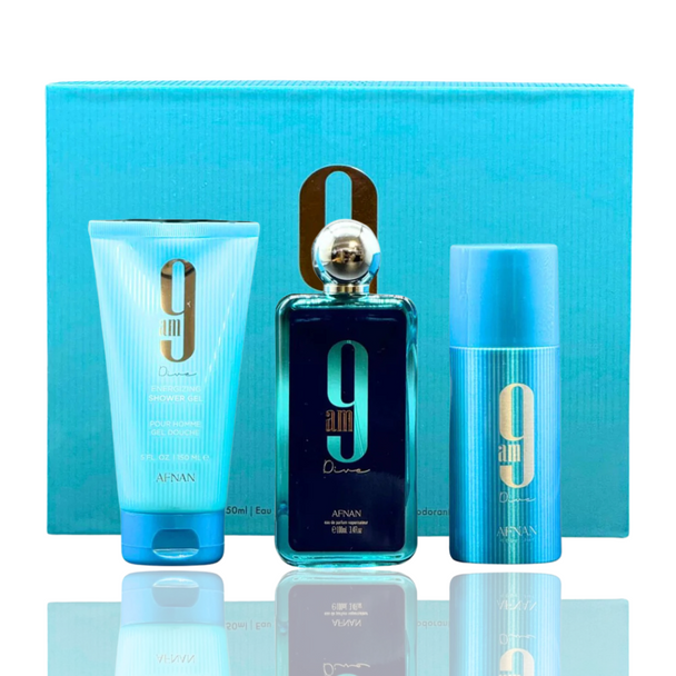 SET AFNAN 3PC 9AM DIVE 3.4 EDP+5.0 SG+5.0 DEO (M) HARD BOX