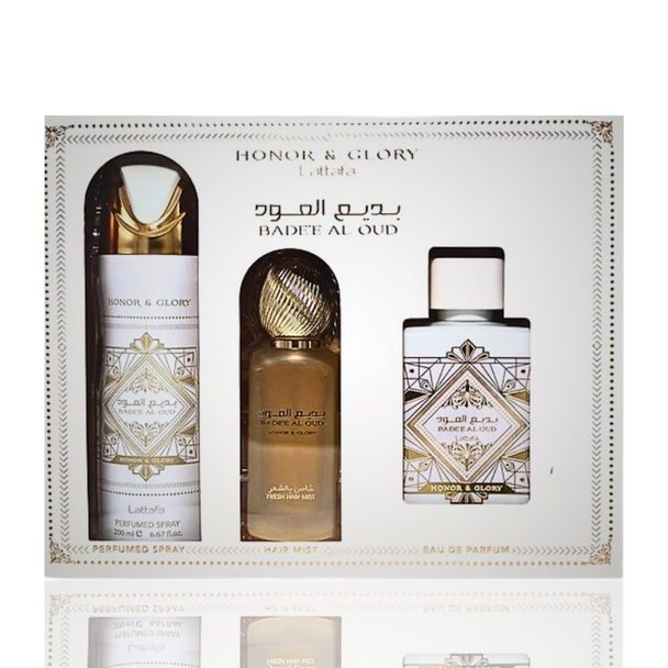 SET LATTAFA 3PC BADE'E AL OUD HONOR AND GLORY 3.4 EDP+6.67 DEO+1.7 HAIR MIST (U) SOFT DISPLAY BOX