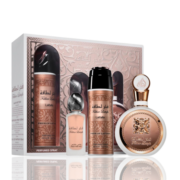 SET LATTAFA 3PC FAKHAR FOR WOMEN 3.4 EDP+6.67 DEO SPRAY+1.7 HAIR MIST (W) SOFT DISPLAY BOX