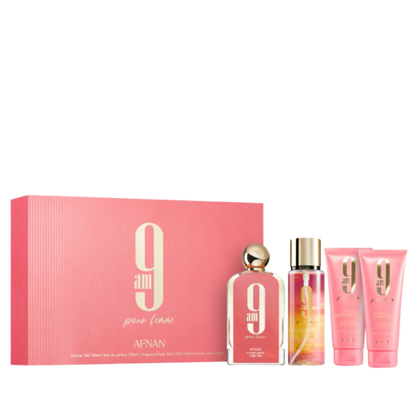 SET AFNAN 4PC 9AM FEMME 3.4 EDP+3.4 SG+3.4 BL+5.0 BODY MIST (W) HARD BOX