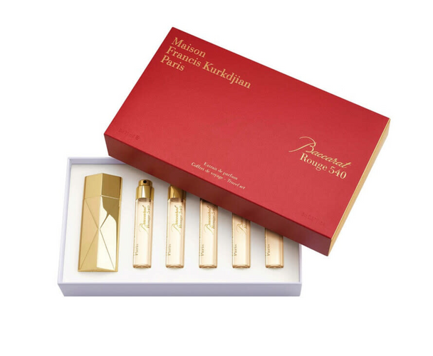 SET MFK MAISON FRANCIS KURKDJIAN 6PC BACCARAT ROUGE 540 TRAVEL SPRAY CASE+0.37 EXTRAIT DE PARFUM REFILLS X 5 (U) HARD BOX