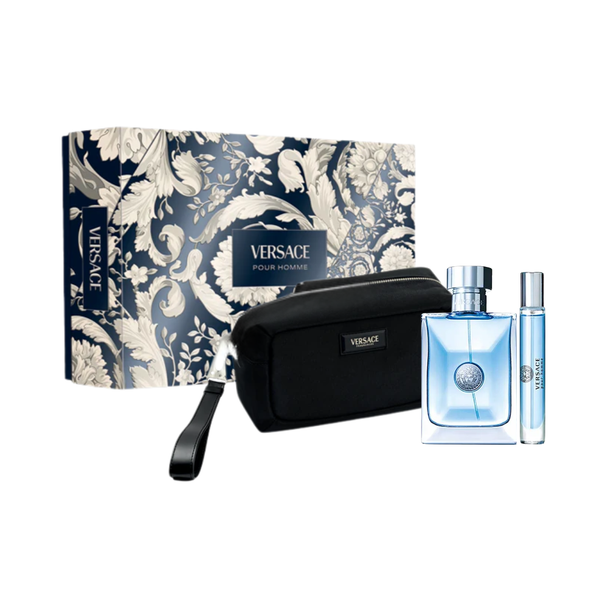 SET VERSACE 3PC POUR HOMME 3.4 EDT+0.33 EDP SPRAY+BLACK TROUSSE (M) HARD BOX