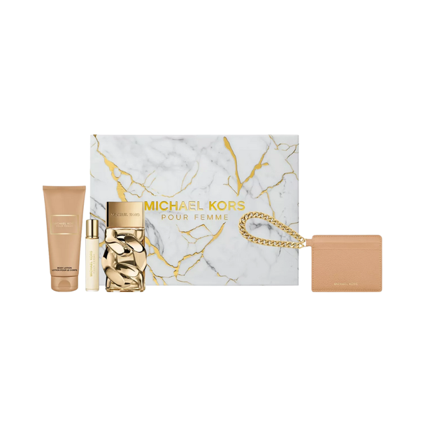 SET MK MICHAEL KORS 4PC POUR FEMME 3.4 EDP+3.3 BL+0.30 EDP SPRAY+LEATHER CARD HOLDER (W)