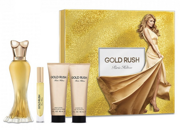 SET PH PARIS HILTON 4PC GOLD RUSH 3.4 EDP+0.33 EDP SPRAY+3.0 BL+3.0 SG (W) HARD BOX