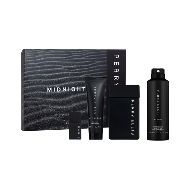 SET PE PERRY ELLIS 4PC MIDNIGHT 3.4 EDT+6.0 DEO SPRAY+3.0 SG+0.25 EDT SPRAY (M) HARD BOX