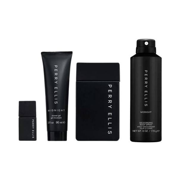 SET PE PERRY ELLIS 4PC MIDNIGHT 3.4 EDT+6.0 DEO SPRAY+3.0 SG+0.25 EDT SPRAY (M) HARD BOX