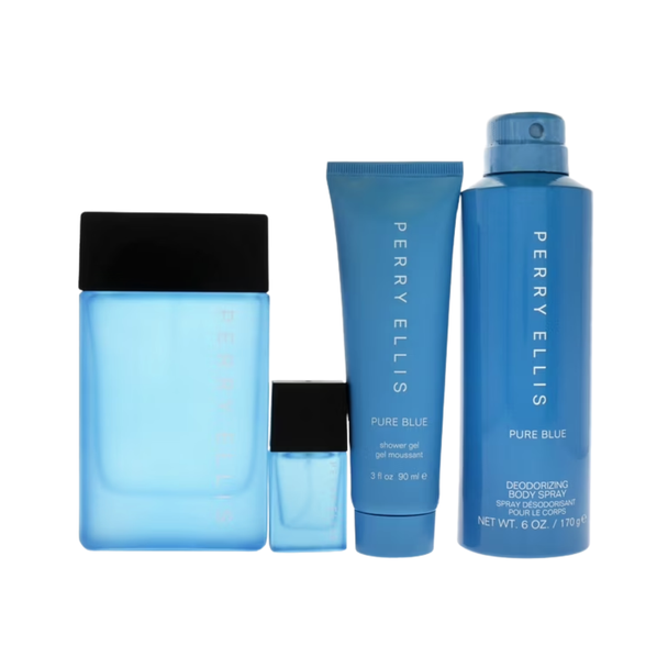 SET PE PERRY ELLIS 4PC PURE BLUE 3.4 EDT+6.0 DEO SPRAY+3.0 SG+0.25 EDT SPRAY (M) HARD BOX
