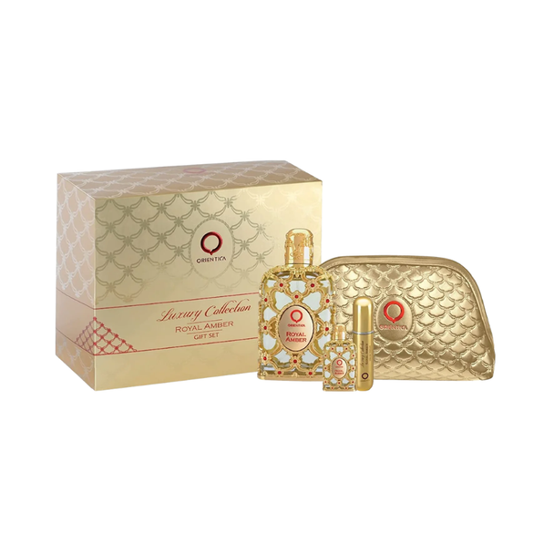 SET ORIENTICA 4PC LUXURY COLLECTION ROYAL AMBER 2.7 EDP+0.25 EDP+ATOMIZER+GOLD BAG (U) HARD BOX