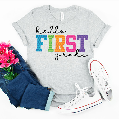 Hello First Grade Varsity Letters Tee Hello First Grade Varsity Letters Tee