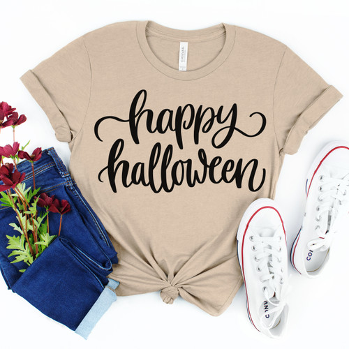 Cursive Happy Halloween Tee Black Ink