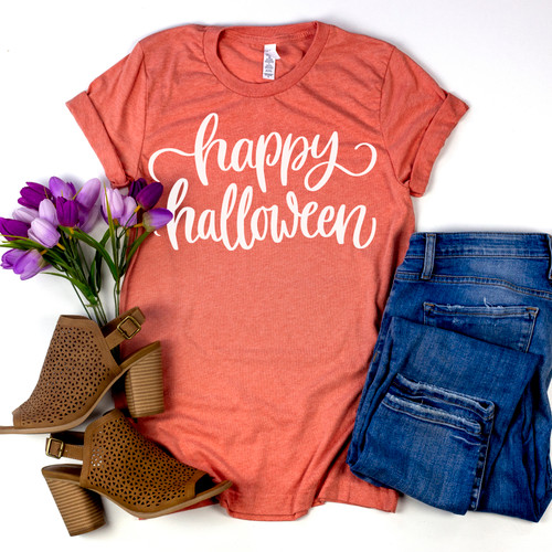 Cursive Happy Halloween Tee White Ink