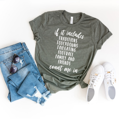 If It Includes Traditions Touchdowns Tailgating Tee White Ink