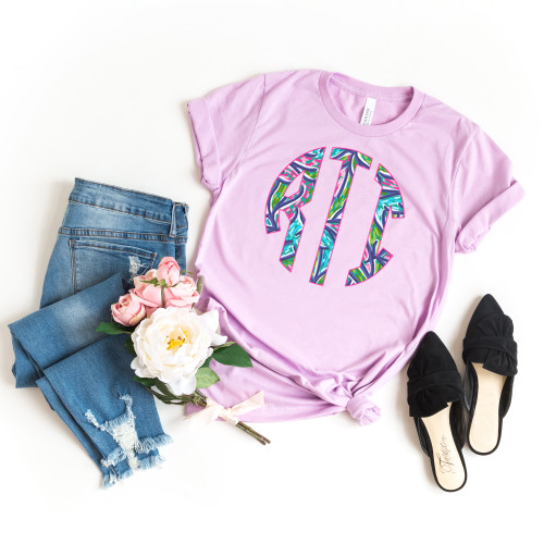 Large Spring Blue Coral Monogram Tee