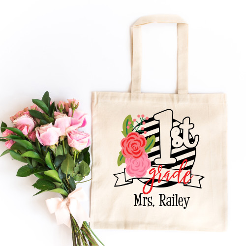 Floral & Striped 1st Grade Teacher Tote Bag