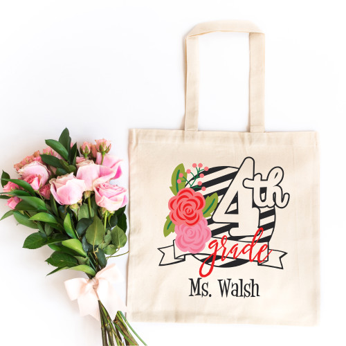 Floral & Striped 4th Grade Teacher Tote Bag