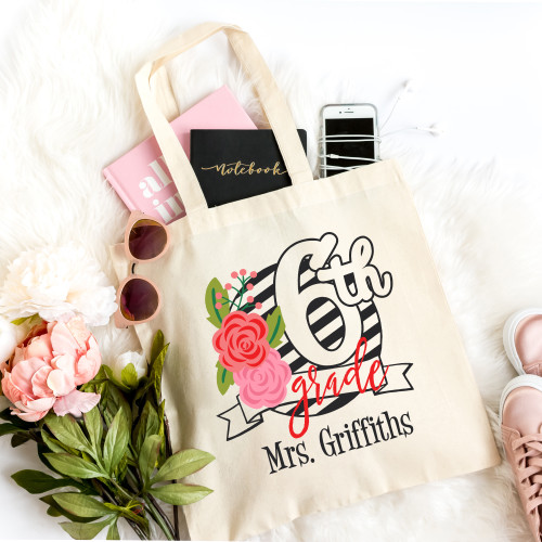 Floral & Striped 6th Grade Teacher Tote Bag