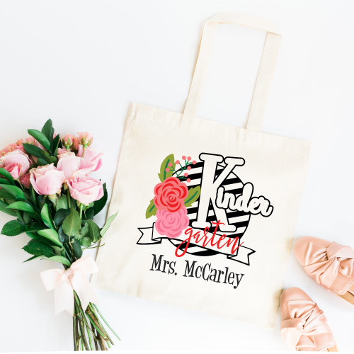 Floral & Striped Kindergarten Teacher Tote Bag