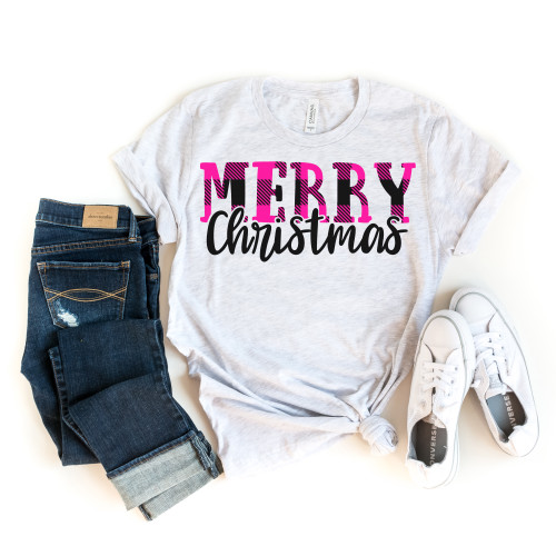 Pink Plaid Merry Christmas Tee