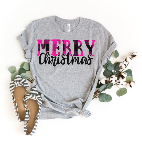 Pink Plaid Merry Christmas Tee